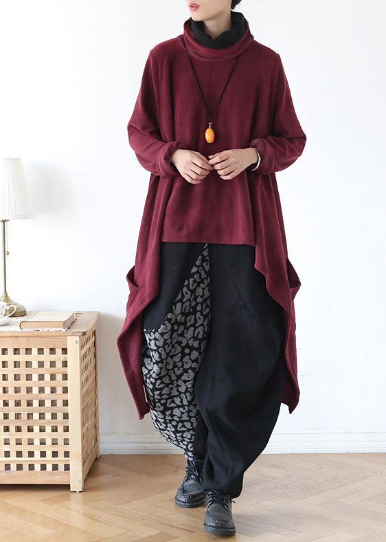 Spring High Neck Red Knit Sweat Tops Clothing Asymmetric Hem Knit Blouse