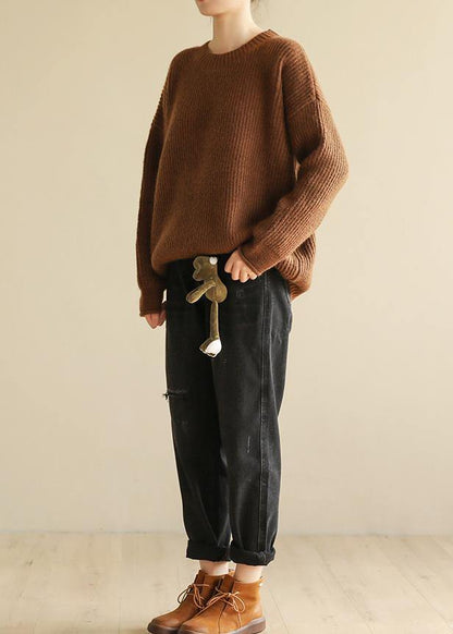 Spring O Neck Brown Sweaters Long Sleeve Crane Tops