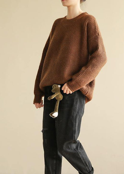 Spring O Neck Brown Sweaters Long Sleeve Crane Tops