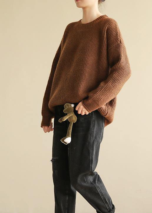 Spring O Neck Brown Sweaters Long Sleeve Crane Tops