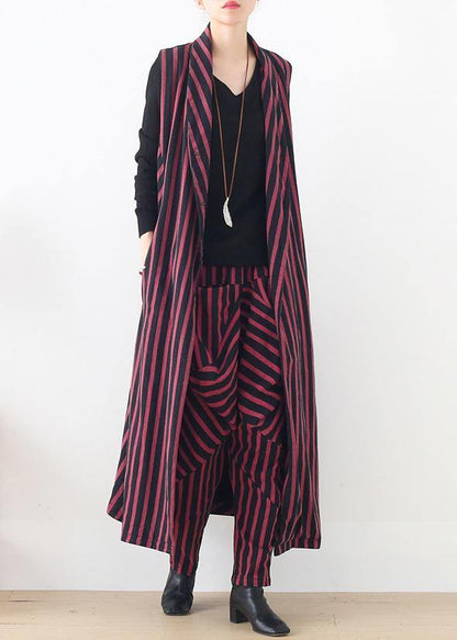Spring Sleeveless Cardigans and Pant Red Striped Two Pieces