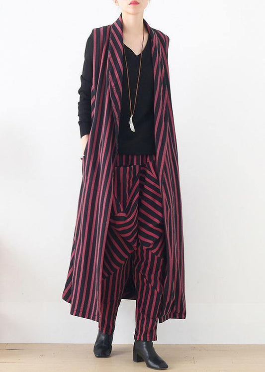 Spring Sleeveless Cardigans and Pant Red Striped Two Pieces