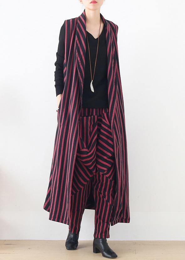 Spring Sleeveless Cardigans and Pant Red Striped Two Pieces