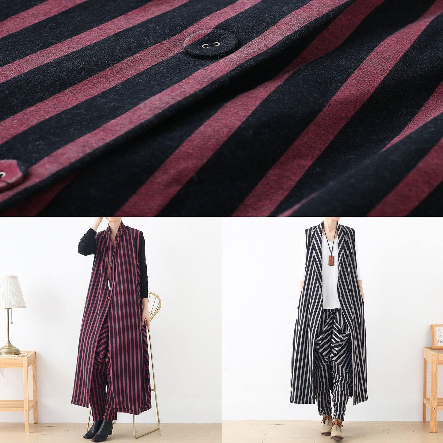 Spring Sleeveless Cardigans and Pant Red Striped Two Pieces