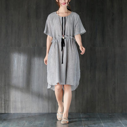 Stylish Midi Cotton Dresses Loose Fitting Gray Summer Dress With Ruffles and Ribbon
