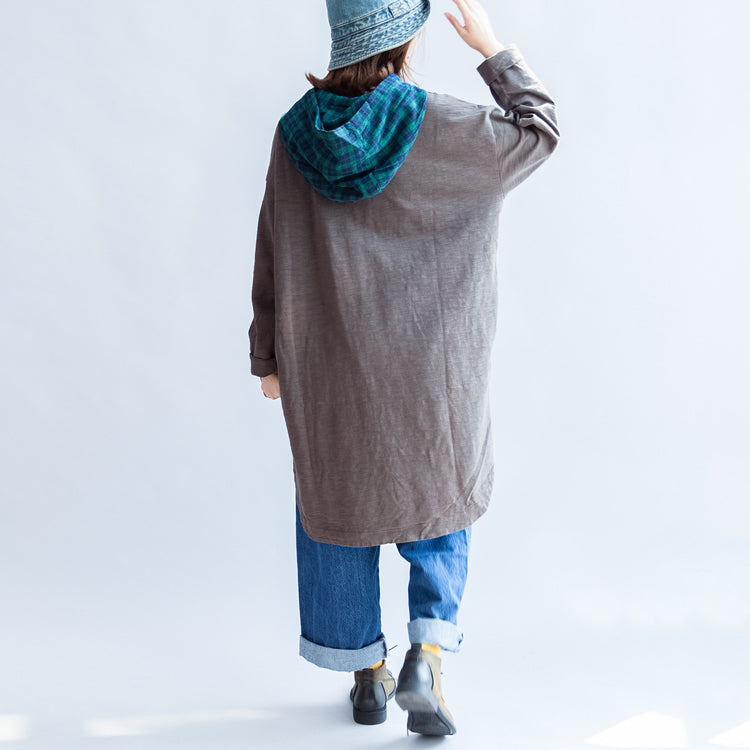 Stylish Big Bird Prints Gray Knit Cotton Tops Grid Hooded T Shirt