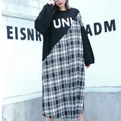 Stylish Black Plaid Patchwork Cotton Blended Dresses O Neck Caftans Side Open Baggy Dresses