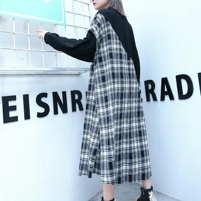Stylish Black Plaid Patchwork Cotton Blended Dresses O Neck Caftans Side Open Baggy Dresses