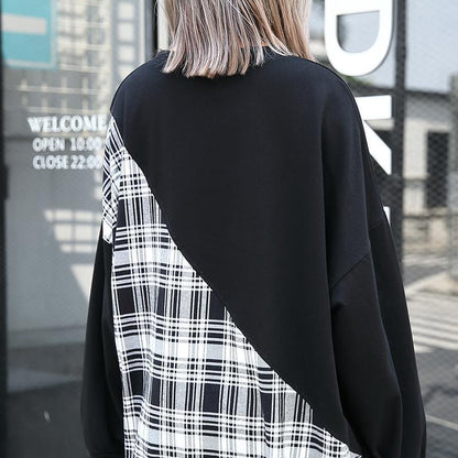 Stylish Black Plaid Patchwork Cotton Blended Dresses O Neck Caftans Side Open Baggy Dresses