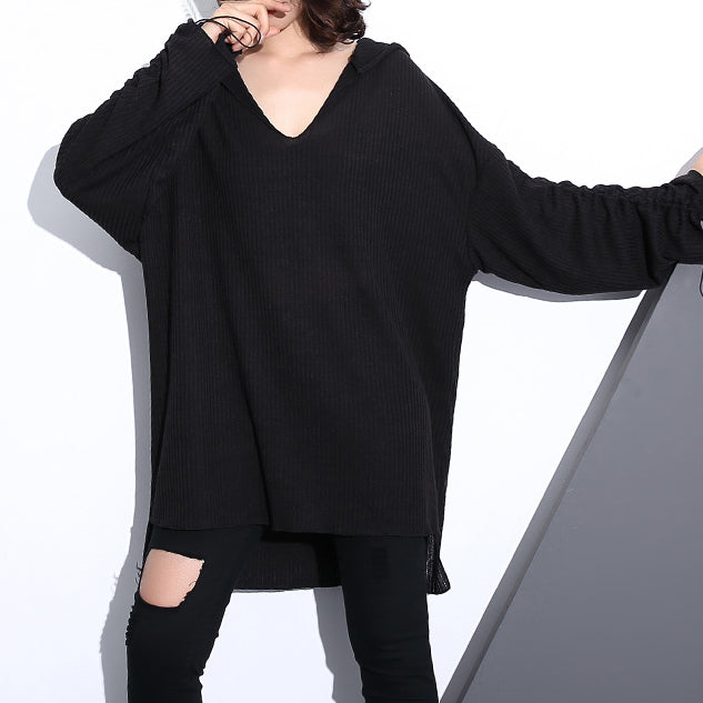 Stylish Black Cotton Blended Oversized Hooded Baggy Clothing Tops Long Sleeve Asymmetrical Design Cotton Clothing