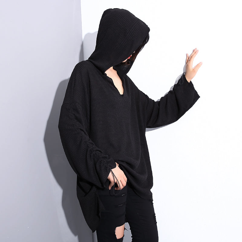 Stylish Black Cotton Blended Oversized Hooded Baggy Clothing Tops Long Sleeve Asymmetrical Design Cotton Clothing