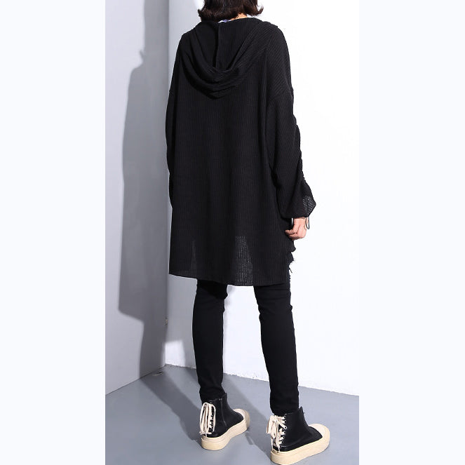 Stylish Black Cotton Blended Oversized Hooded Baggy Clothing Tops Long Sleeve Asymmetrical Design Cotton Clothing