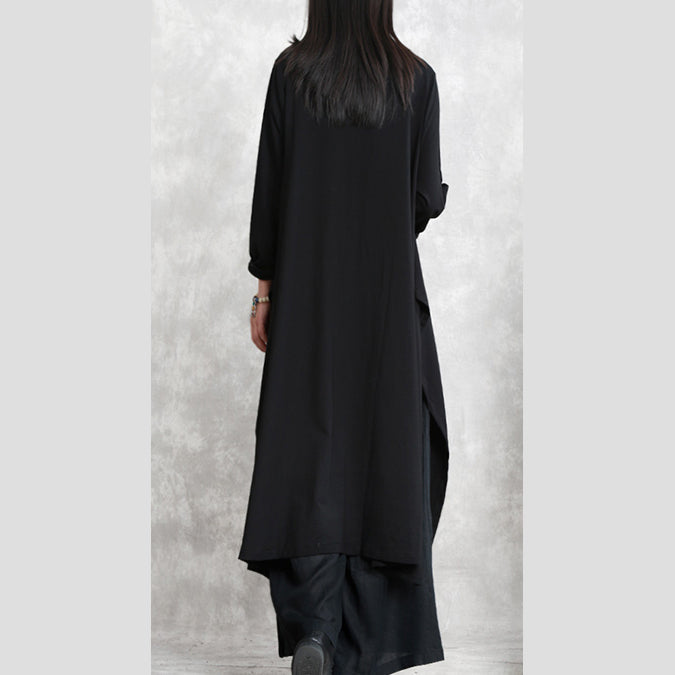 Stylish Black Cotton Blended Side Open Dresses O Neck Pockets New Long Sleeve Asymmetric Baggy Dresses