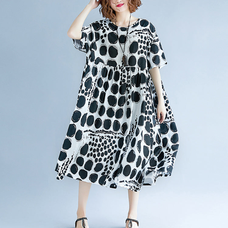 Stylish Black Cotton Linen Maxi Dress Oversized Short Sleeve Print Baggy Dresses Cotton Gown V Neck Traveling Clothing