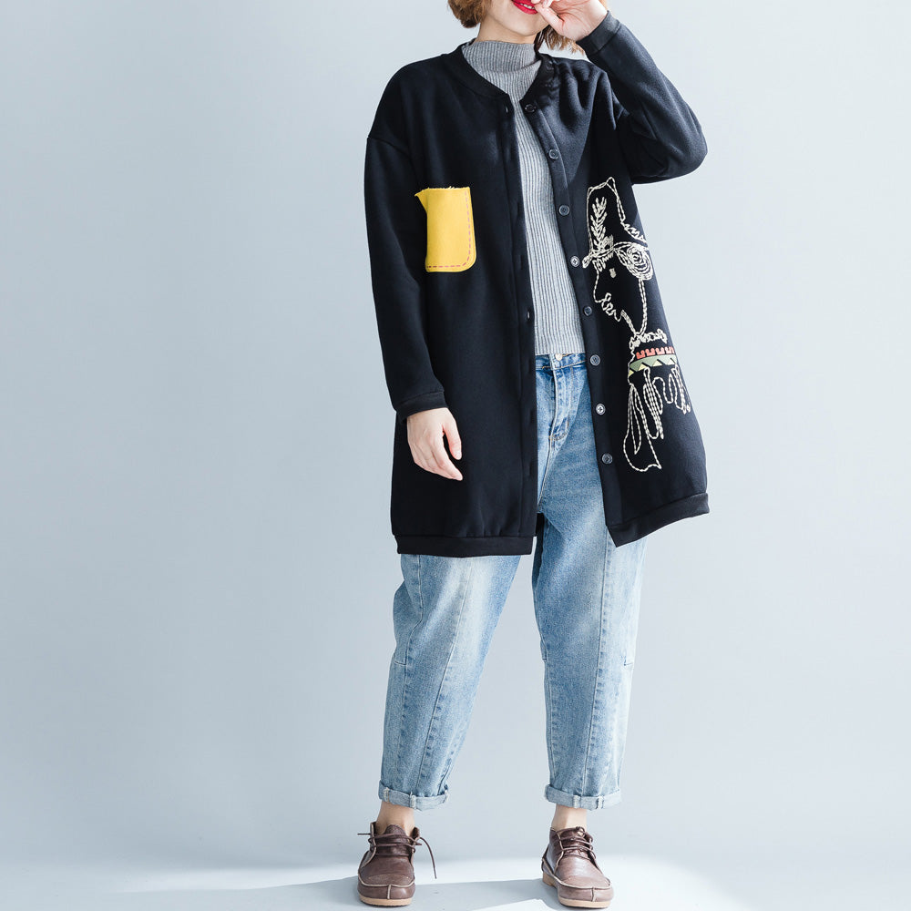Stylish Black Cotton Tops Oversize Cotton O Neck Natural Pullover Print Button Down T Shirt