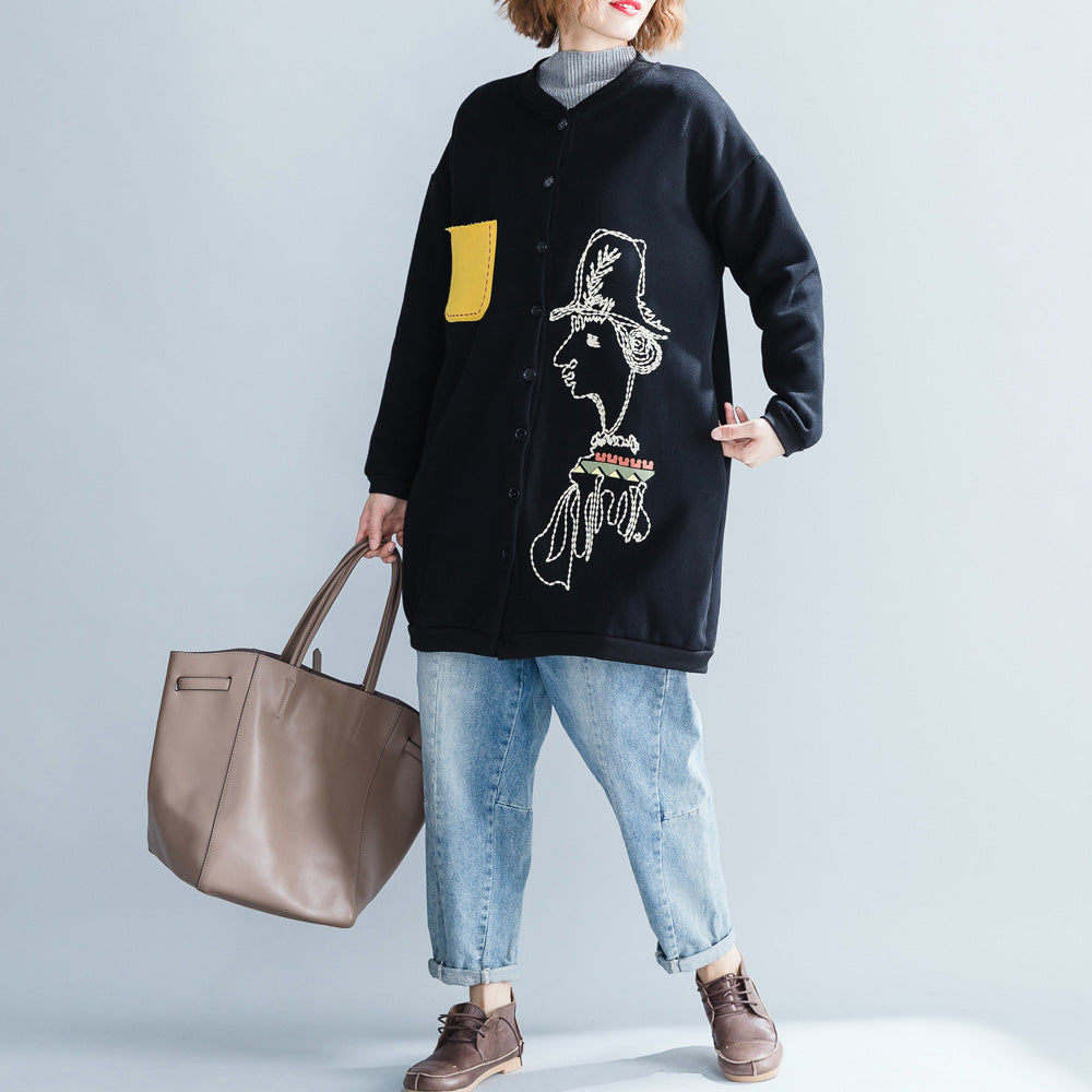 Stylish Black Cotton Tops Oversize Cotton O Neck Natural Pullover Print Button Down T Shirt