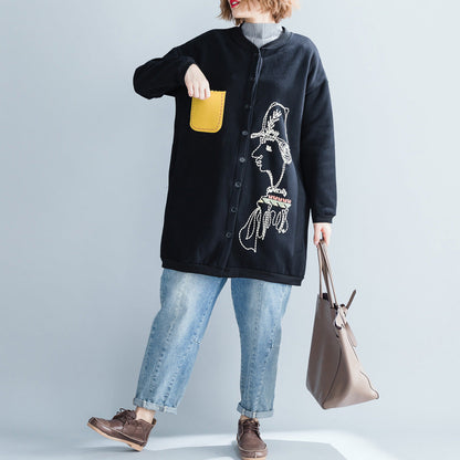 Stylish Black Cotton Tops Oversize Cotton O Neck Natural Pullover Print Button Down T Shirt
