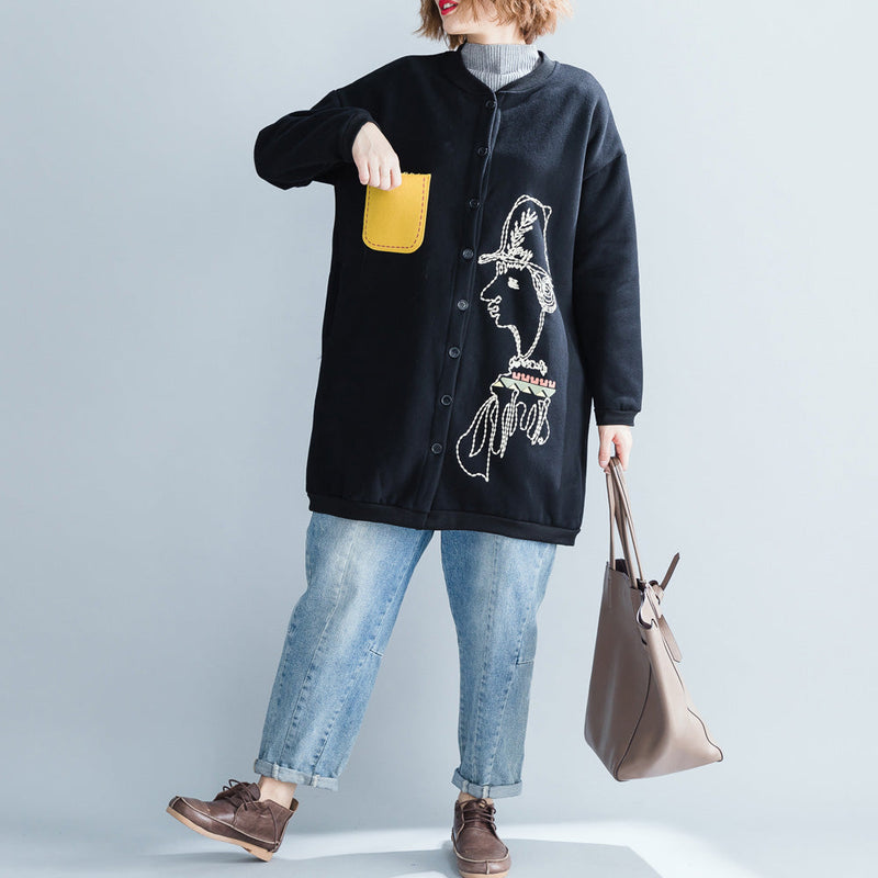 Stylish Black Cotton Tops Oversize Cotton O Neck Natural Pullover Print Button Down T Shirt