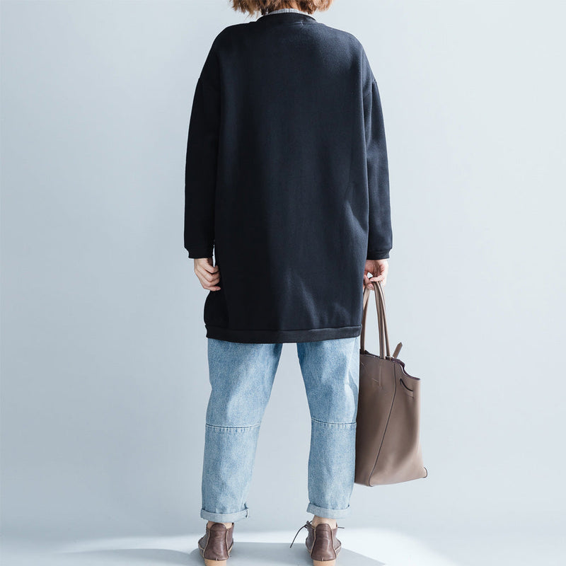 Stylish Black Cotton Tops Oversize Cotton O Neck Natural Pullover Print Button Down T Shirt