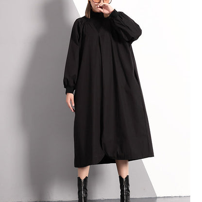 Stylish Black Fall Dress Clothing Turtleneck Cotton Blended Maxi Dress Front Side Open False Two Pieces Cotton Blended Caftans