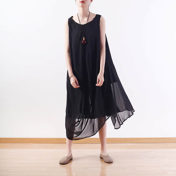 Stylish Black Natural Chiffon Dress Asymmetric Hem Chiffon Sleeveless Dresses
