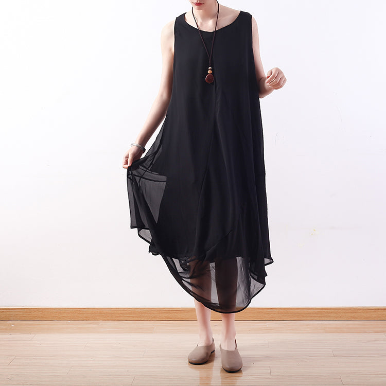 Stylish Black Natural Chiffon Dress Asymmetric Hem Chiffon Sleeveless Dresses