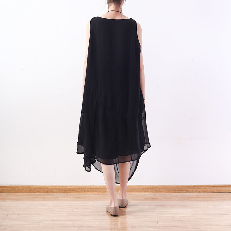 Stylish Black Natural Chiffon Dress Asymmetric Hem Chiffon Sleeveless Dresses