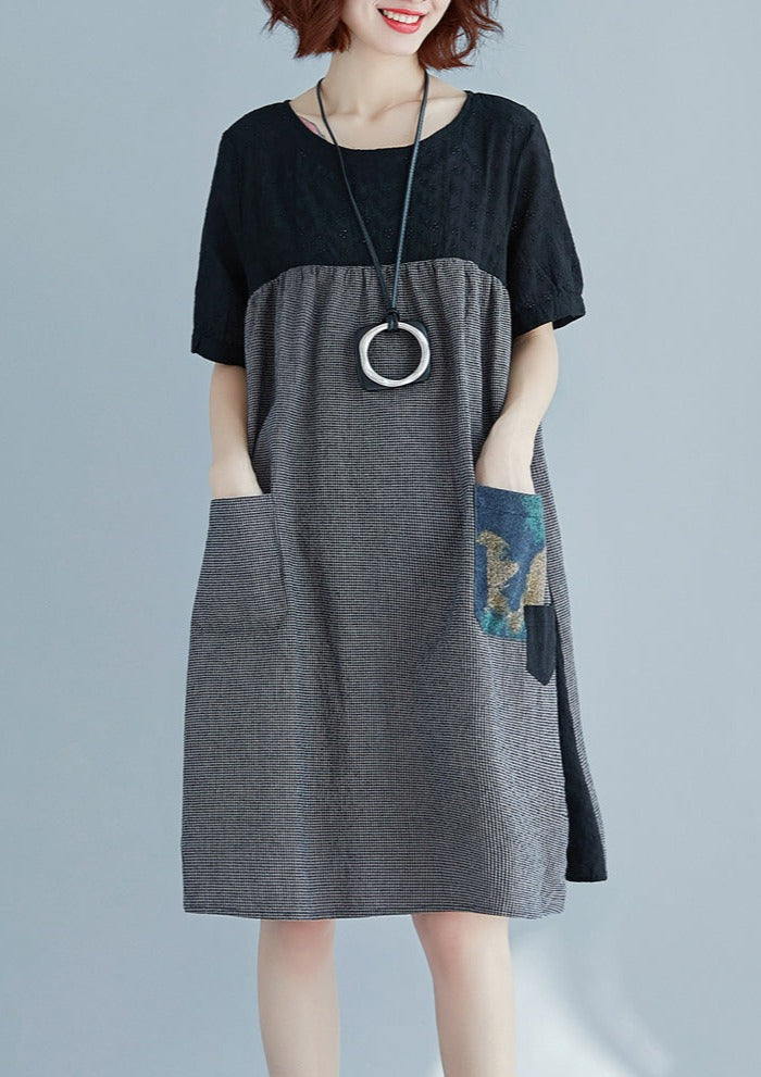 Stylish Black Natural Cotton Linen Dress Loose Fitting Short Sleeve Pockets Holiday Dresses O Neck Patchwork Cotton Linen Dresses