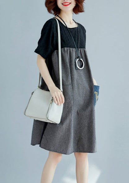 Stylish Black Natural Cotton Linen Dress Loose Fitting Short Sleeve Pockets Holiday Dresses O Neck Patchwork Cotton Linen Dresses