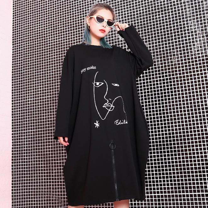 Stylish Black Natural Oversized Linen Cotton Dress Zippered Baggy O Neck Midi Dress