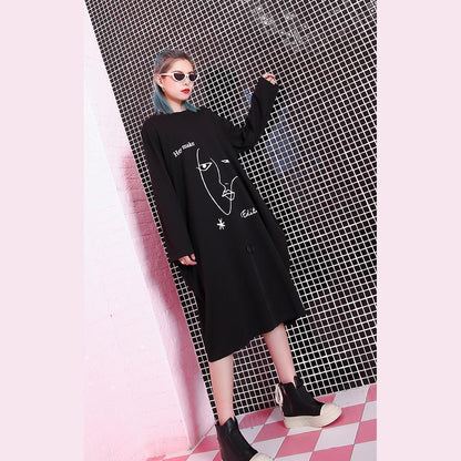 Stylish Black Natural Oversized Linen Cotton Dress Zippered Baggy O Neck Midi Dress