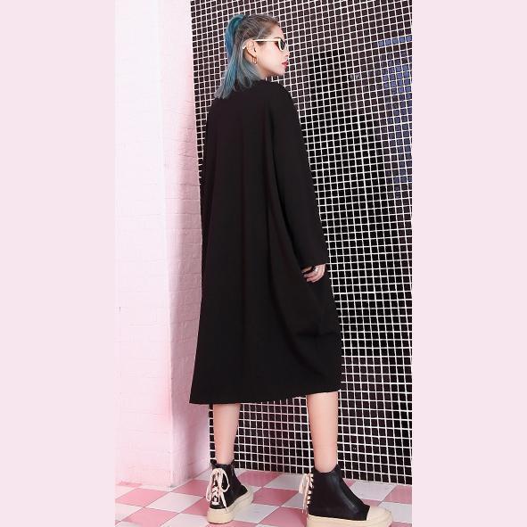 Stylish Black Natural Oversized Linen Cotton Dress Zippered Baggy O Neck Midi Dress