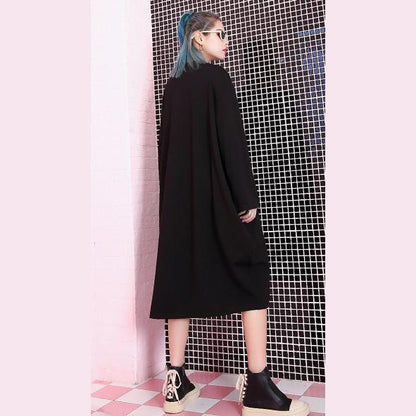 Stylish Black Natural Oversized Linen Cotton Dress Zippered Baggy O Neck Midi Dress