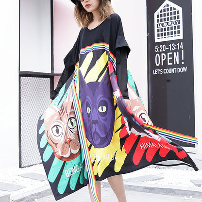 Stylish Black Print Cotton Dress Loose Fitting Patchwork Tulle Cotton Gown Asymmetric Hem Kaftans