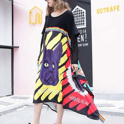 Stylish Black Print Cotton Dress Loose Fitting Patchwork Tulle Cotton Gown Asymmetric Hem Kaftans