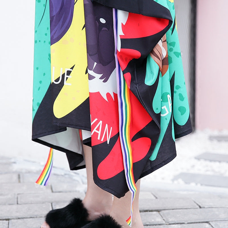 Stylish Black Print Cotton Dress Loose Fitting Patchwork Tulle Cotton Gown Asymmetric Hem Kaftans