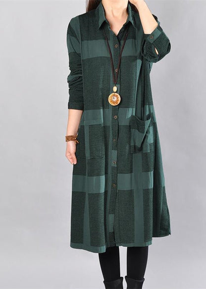 Stylish Blackish Green Midi-length Cotton Dress Dress Long Sleeve Plaid Cotton Shirt Dress
