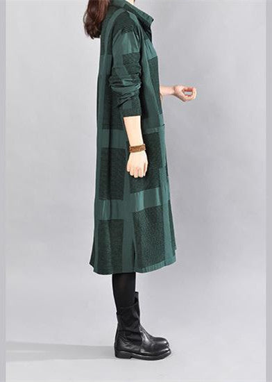 Stylish Blackish Green Midi-length Cotton Dress Dress Long Sleeve Plaid Cotton Shirt Dress