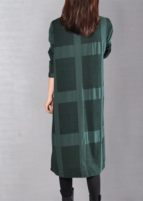 Stylish Blackish Green Midi-length Cotton Dress Dress Long Sleeve Plaid Cotton Shirt Dress