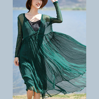 Stylish Blackish Green Silk Caftans V Neck Silk Maxi Dress Boutique Long Sleeve Baggy Dresses Large Hem Long Dresses