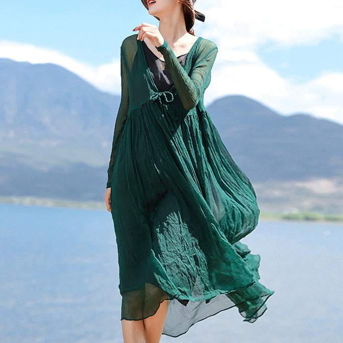 Stylish Blackish Green Silk Caftans V Neck Silk Maxi Dress Boutique Long Sleeve Baggy Dresses Large Hem Long Dresses