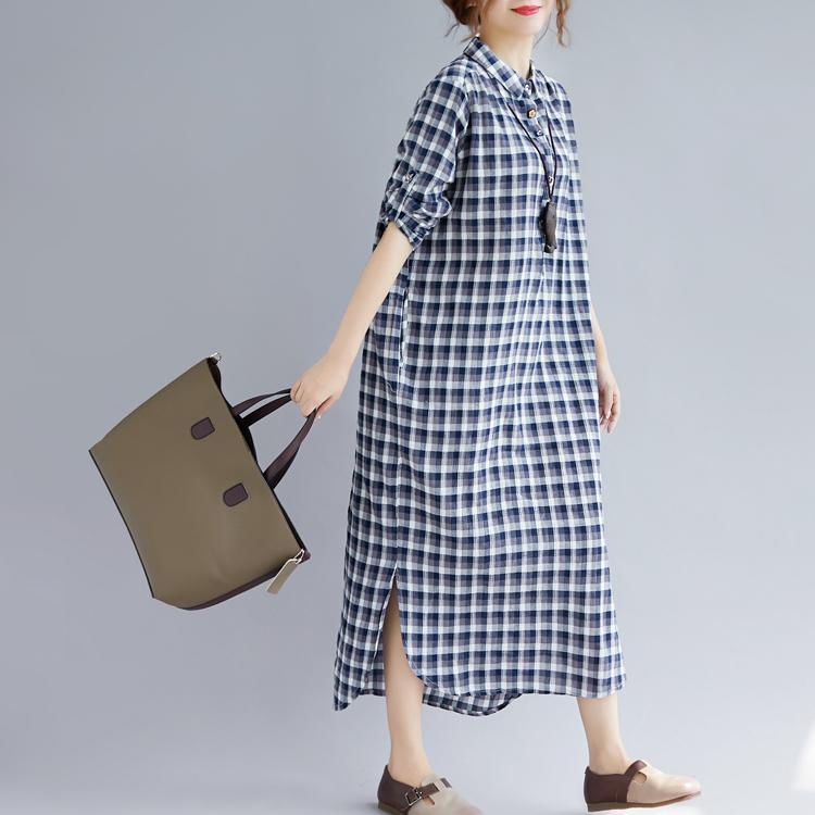 Stylish Blue Plaid Cotton Dresses Clothing Turn-down Collar Traveling Dress Fine Long Sleeve Side Open Maxi Dresses