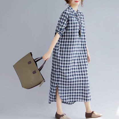Stylish Blue Plaid Cotton Dresses Clothing Turn-down Collar Traveling Dress Fine Long Sleeve Side Open Maxi Dresses