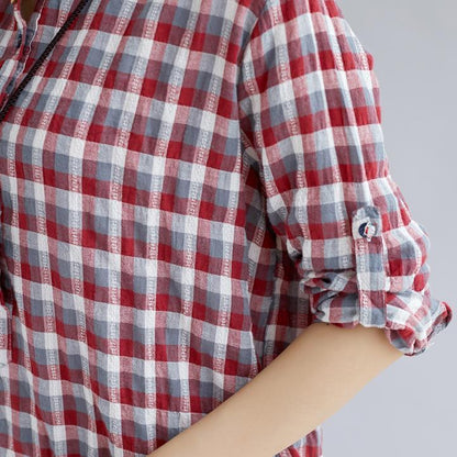 Stylish Blue Plaid Cotton Dresses Clothing Turn-down Collar Traveling Dress Fine Long Sleeve Side Open Maxi Dresses