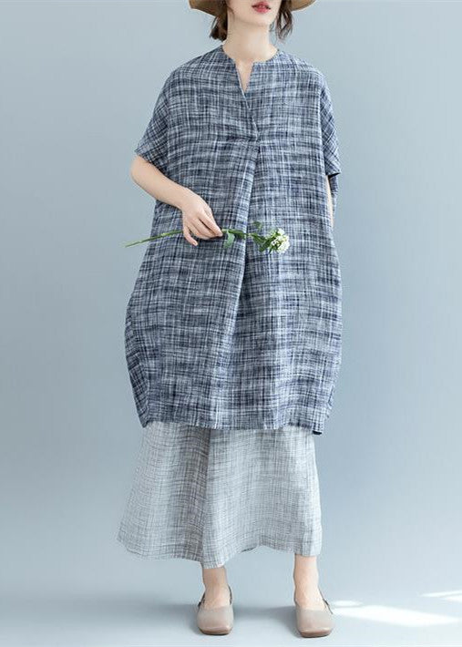 Stylish Black Plaid Natural Linen Dress Oversize Traveling Dress Batwing Sleeve O Neck Baggy Dresses