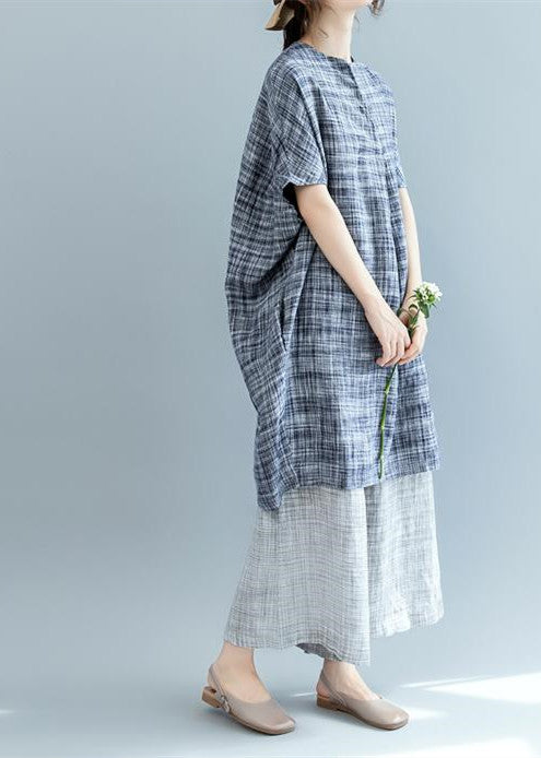 Stylish Black Plaid Natural Linen Dress Oversize Traveling Dress Batwing Sleeve O Neck Baggy Dresses