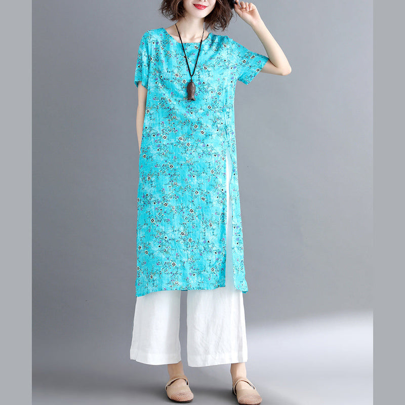 Stylish Blue Cotton Linen Dresses Loose Fitting Short Sleeve Long Cotton Dresses O Neck Traveling Dress
