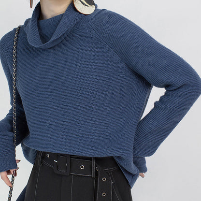 Stylish Blue Cozy Sweater Loose Fitting High Neck Knit Sweat Tops Blouse