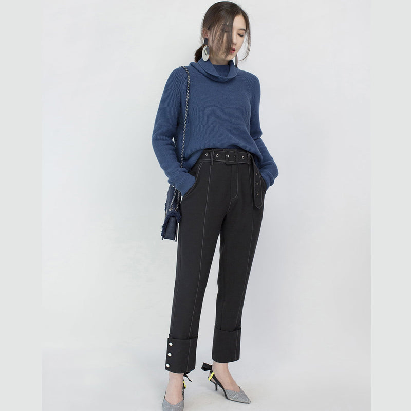 Stylish Blue Cozy Sweater Loose Fitting High Neck Knit Sweat Tops Blouse