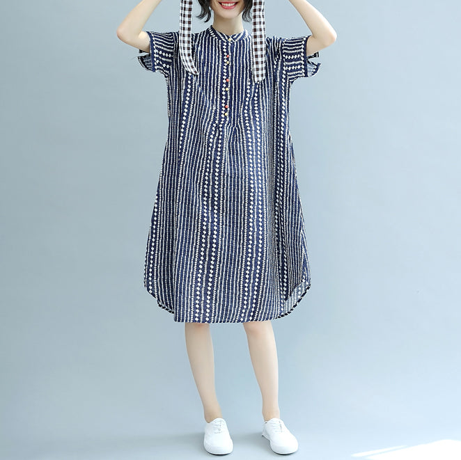 Stylish Blue Midi-length Cotton Dress Clothing Cotton Maxi Dress Fine Short Sleeve Pockets Stand Baggy Dresses
